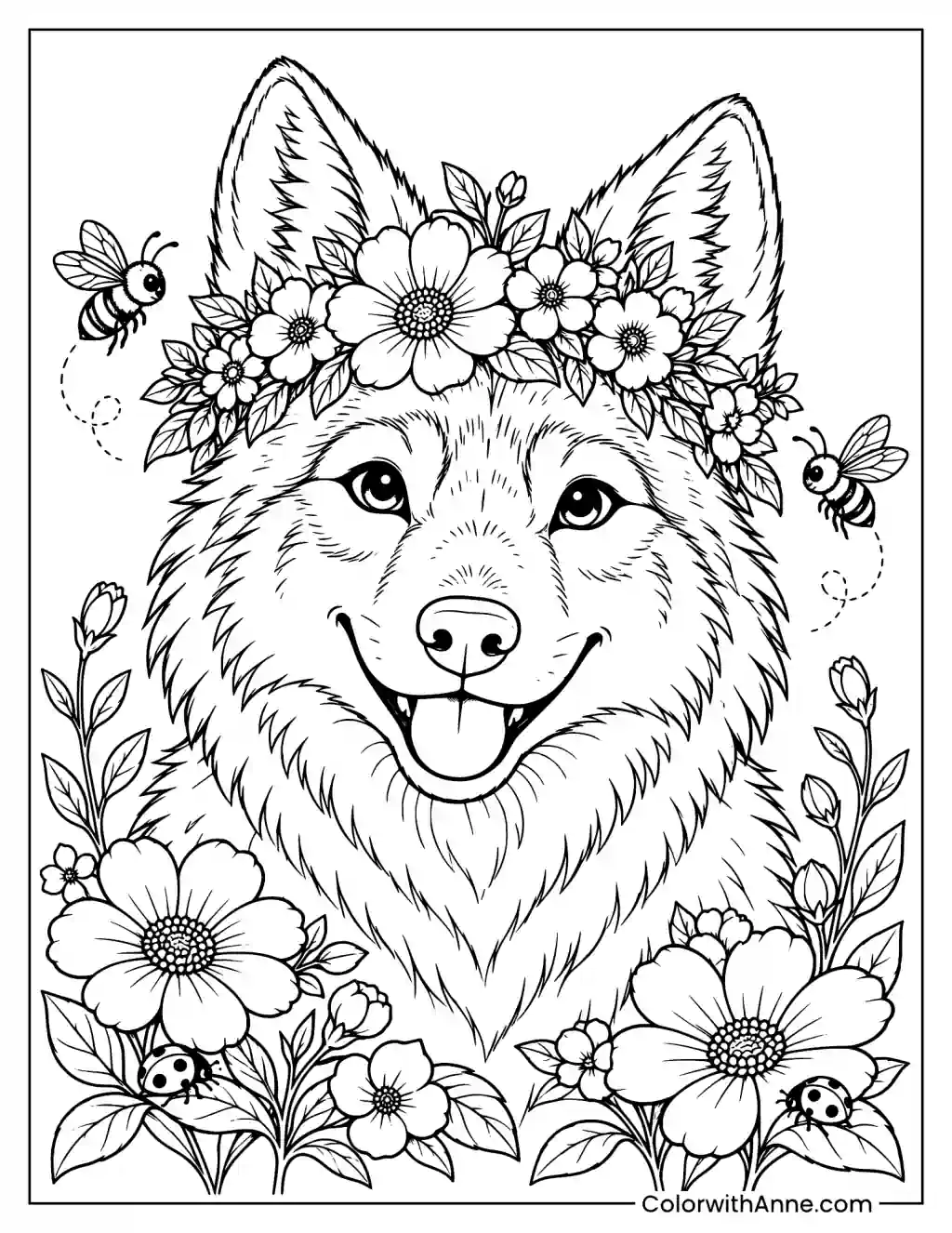 Wolf with a Flower Crown Coloring Page