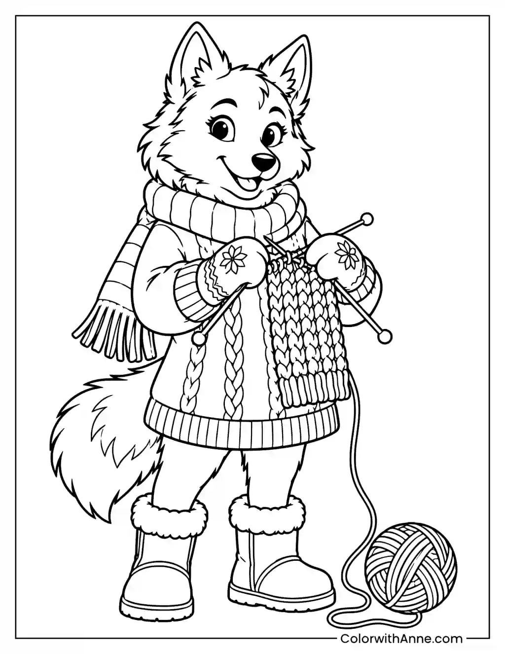 Wolf with a Scarf & Mittens Coloring Page
