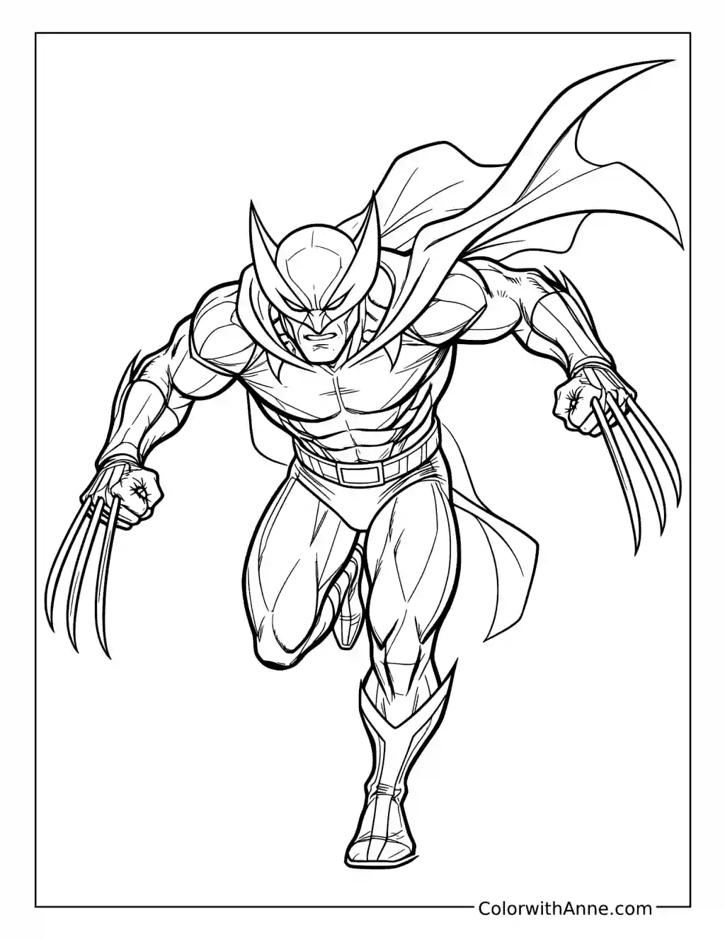 Wolverine Charging Forward with a Flowing Cape coloring page