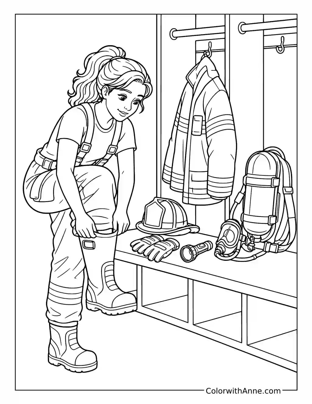 Woman Firefighter Putting on Protective Gear coloring page