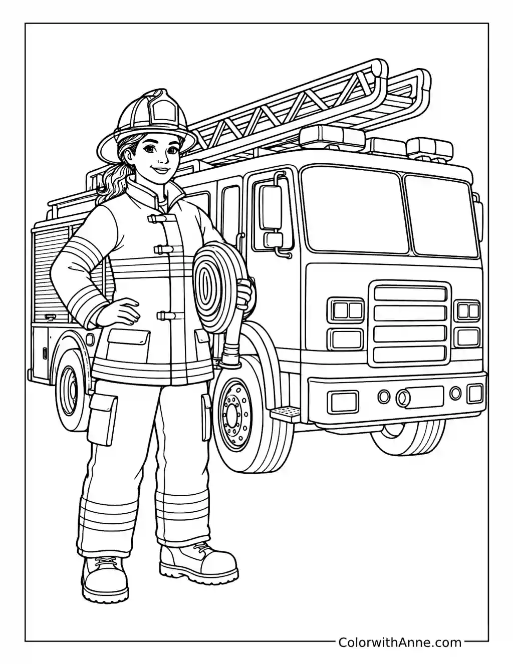 Woman Firefighter with a Coiled Hose coloring page