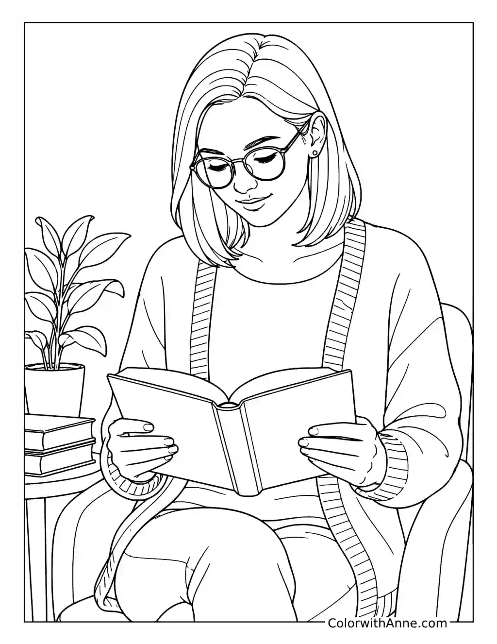Woman Reading by a Houseplant coloring page