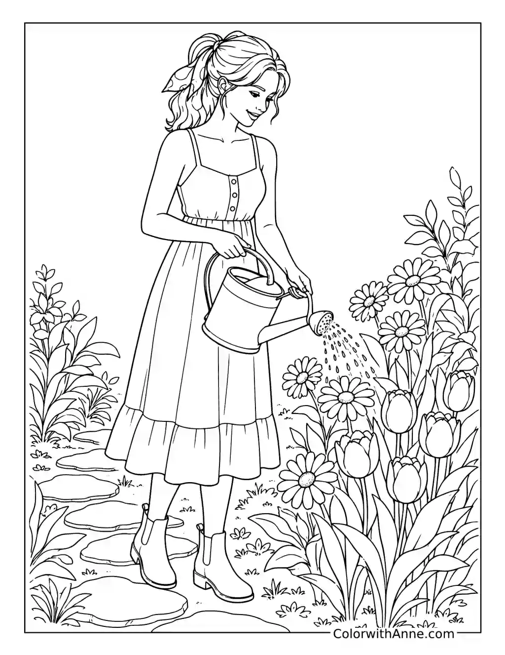 Woman Watering Flowers in a Garden coloring page
