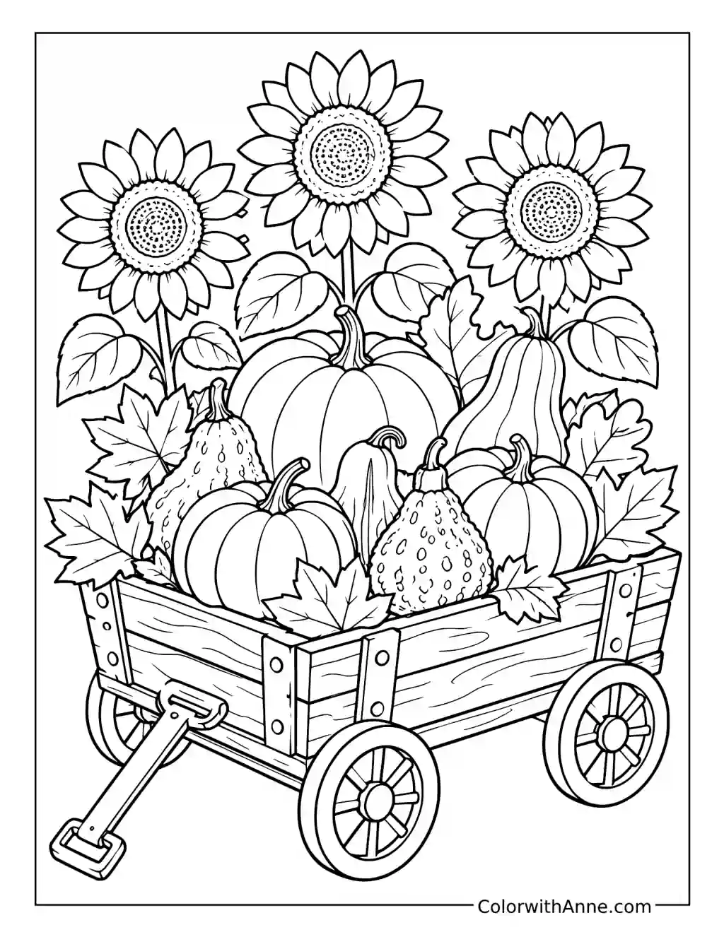 Wooden Harvest Cart with Pumpkins and Sunflowers coloring page