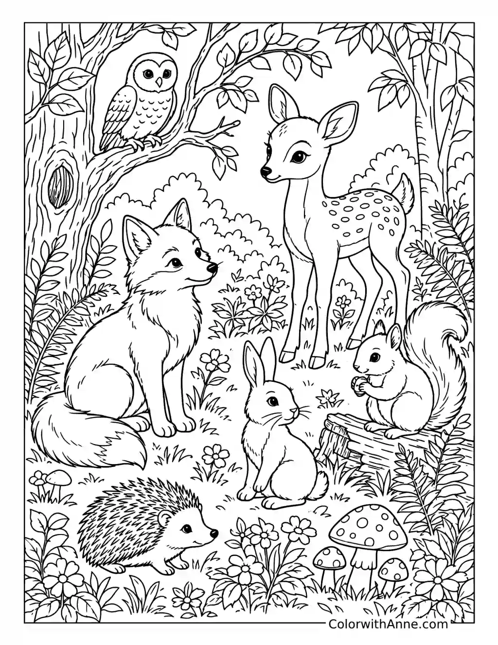 Woodland Animals Gathering coloring page