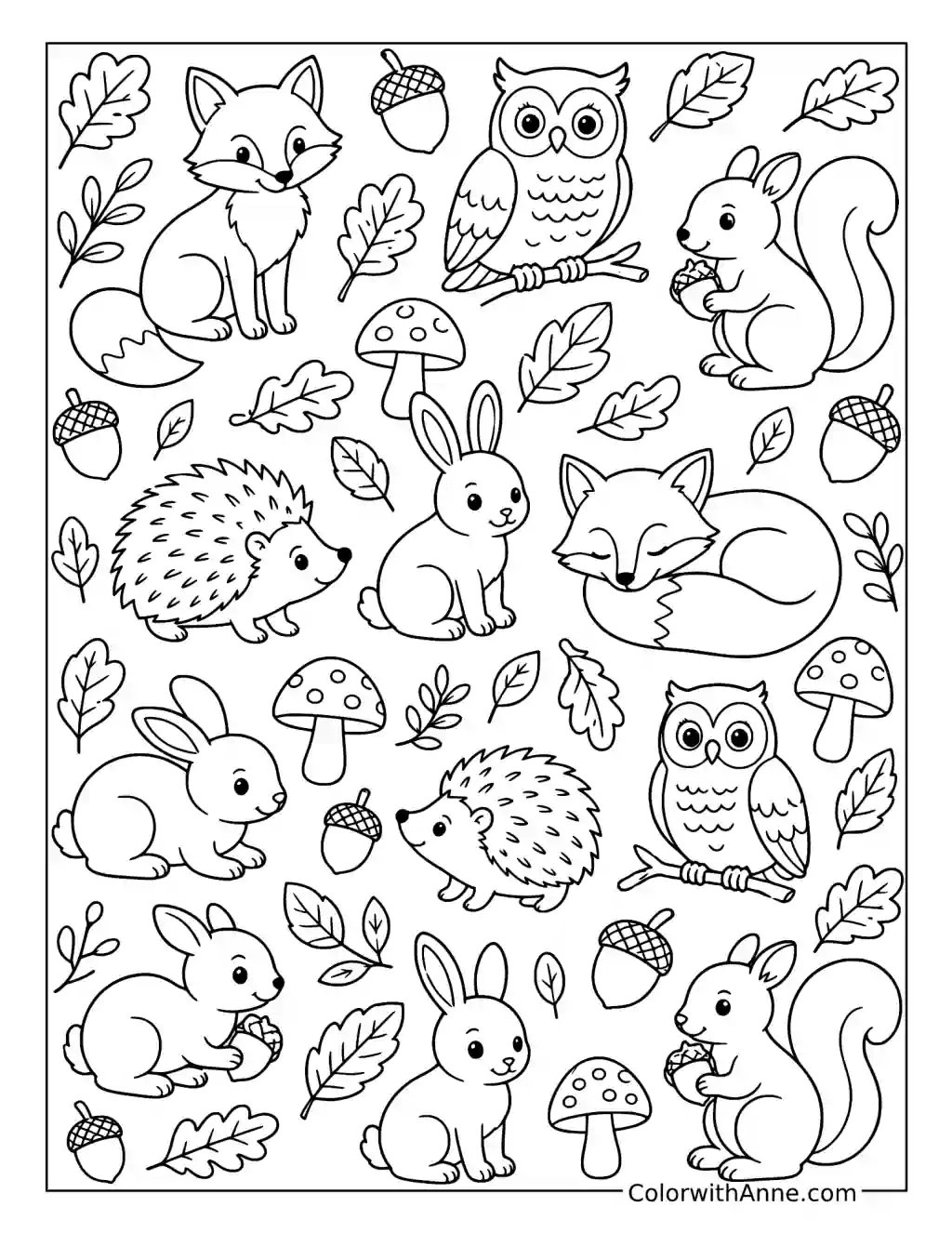 Woodland Animals Pattern coloring page