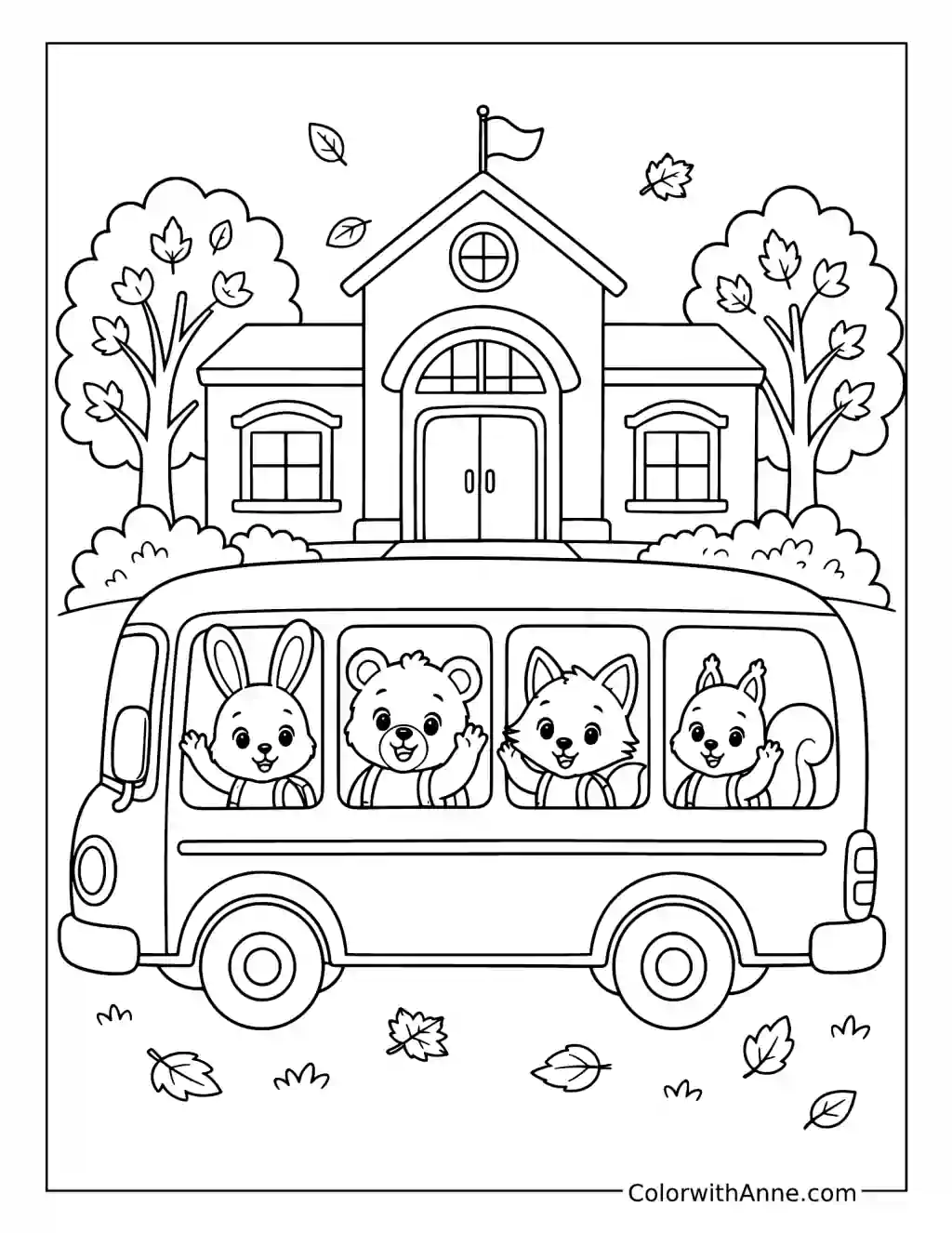 Woodland Animals Riding a Bus to School coloring page