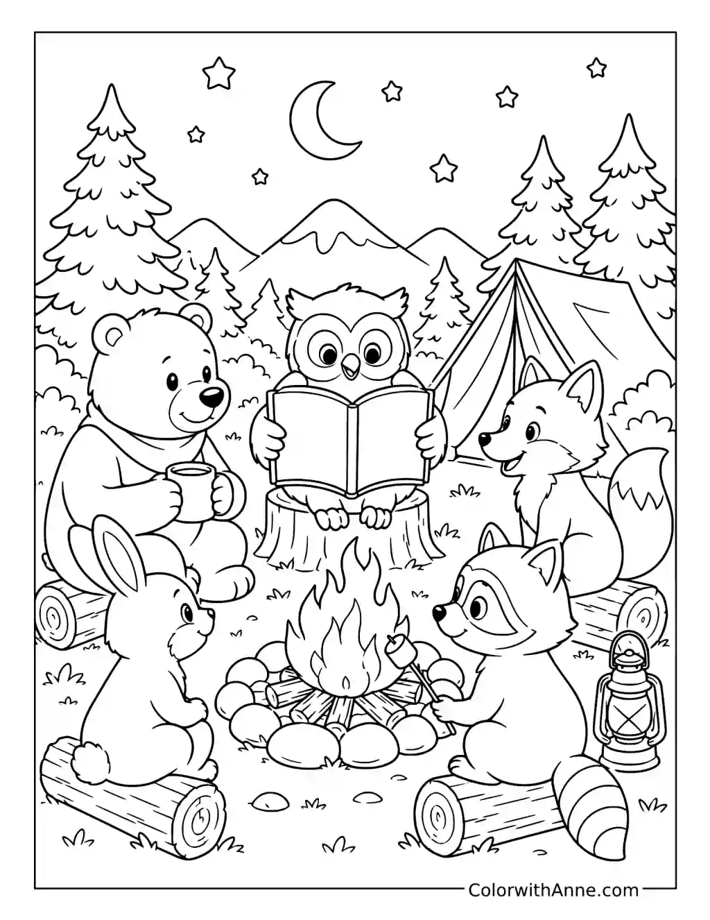 Woodland Campfire Story Circle coloring page