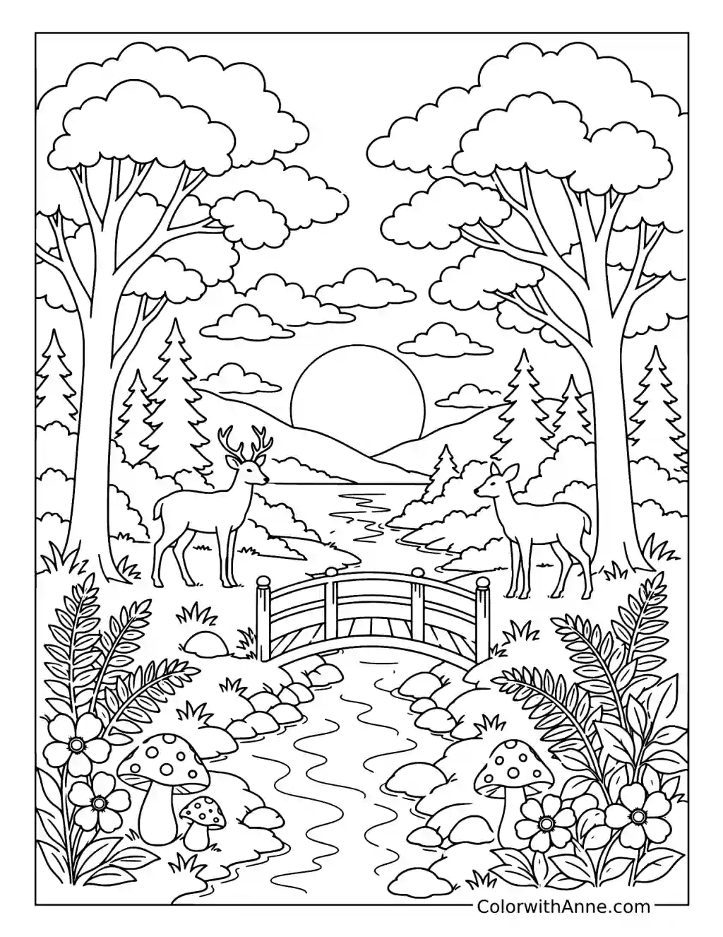 Woodland Deer Sunset coloring page