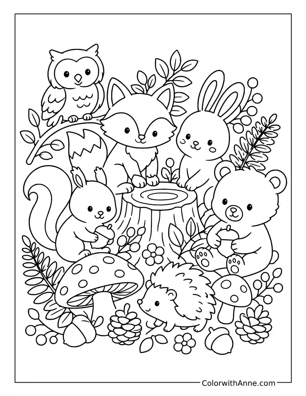 Woodland Friends Doodle Art coloring page