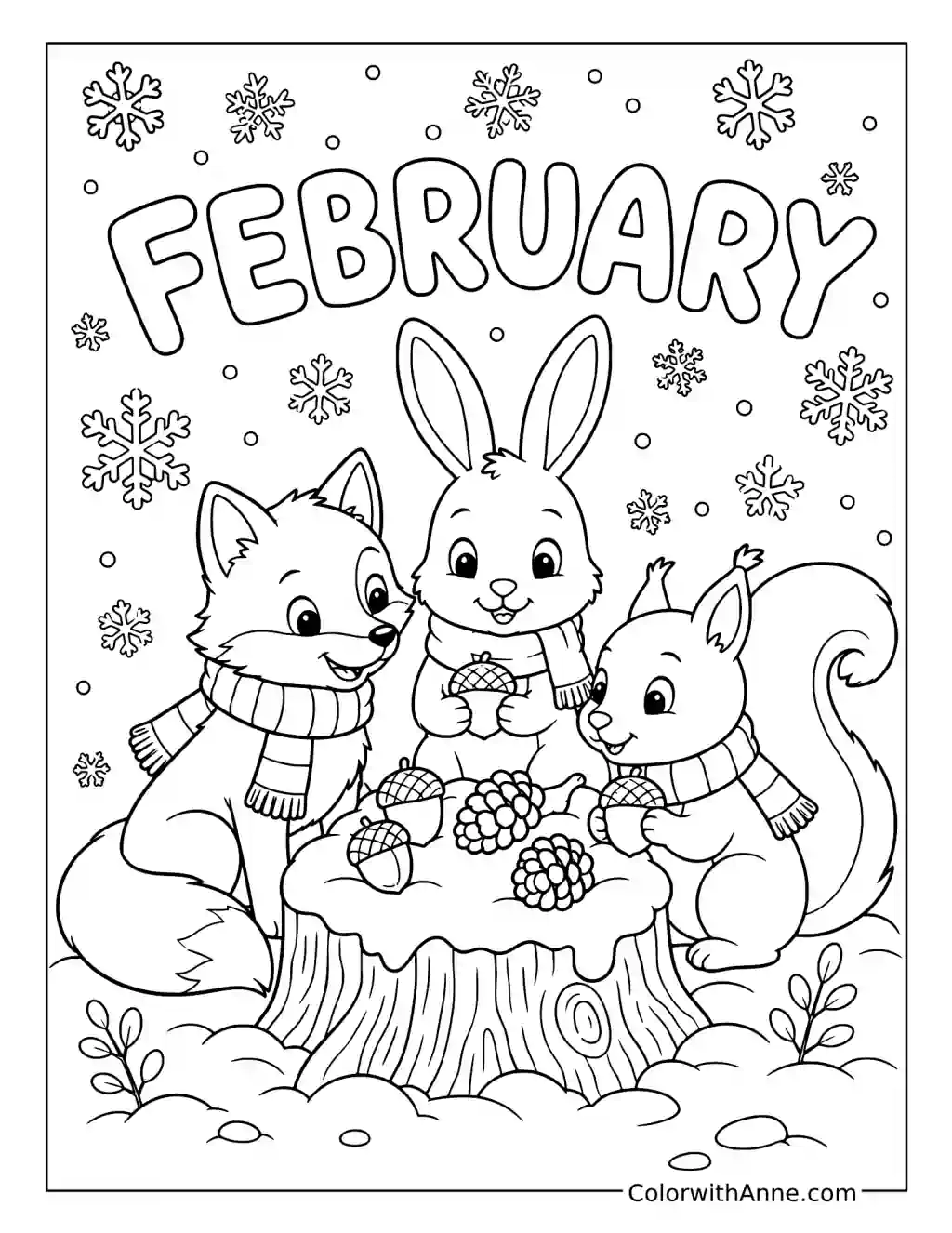 Woodland Friends Sharing Acorns coloring page