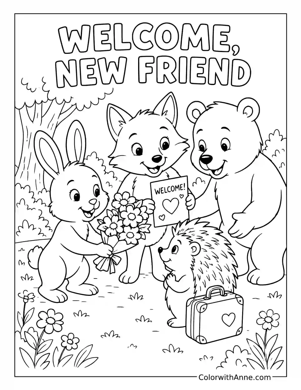 Woodland Friends Welcome a New Hedgehog coloring page