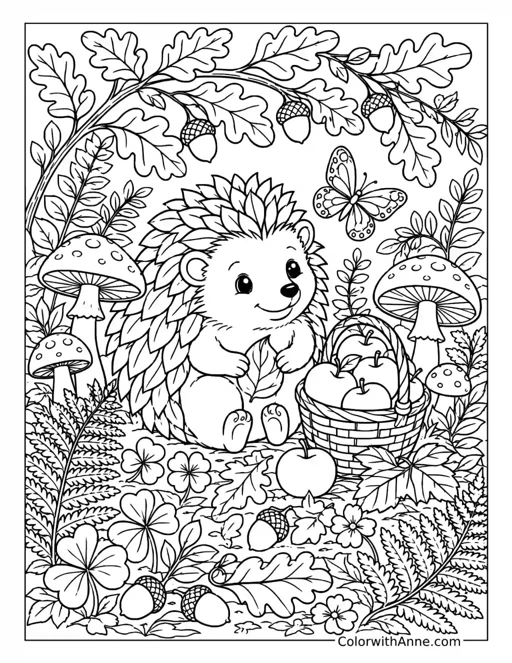 Woodland Hedgehog with Apples coloring page