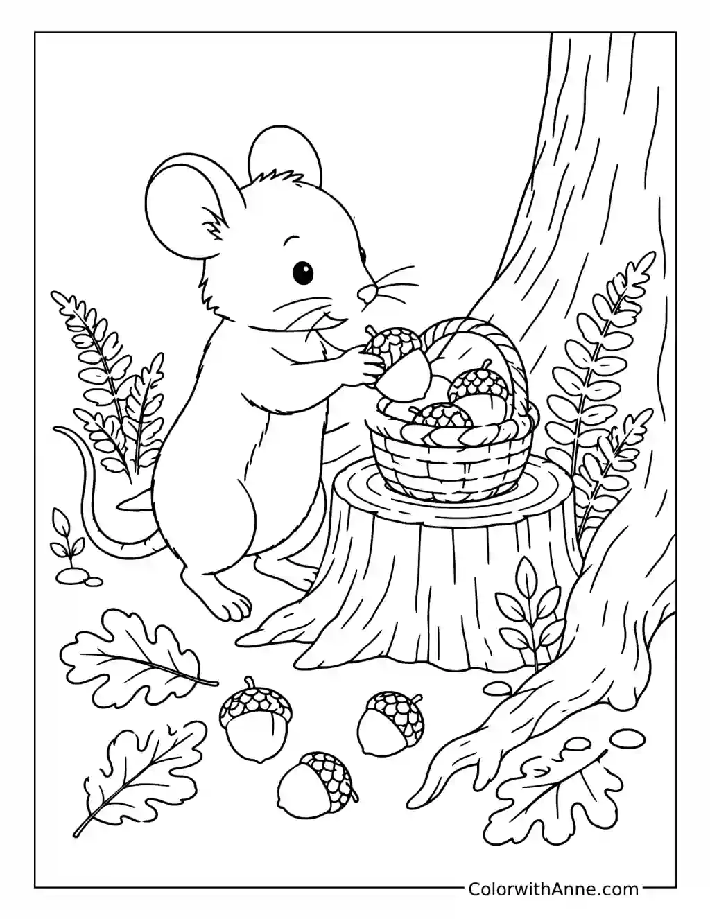 Woodland Mouse Gathering Acorns coloring page