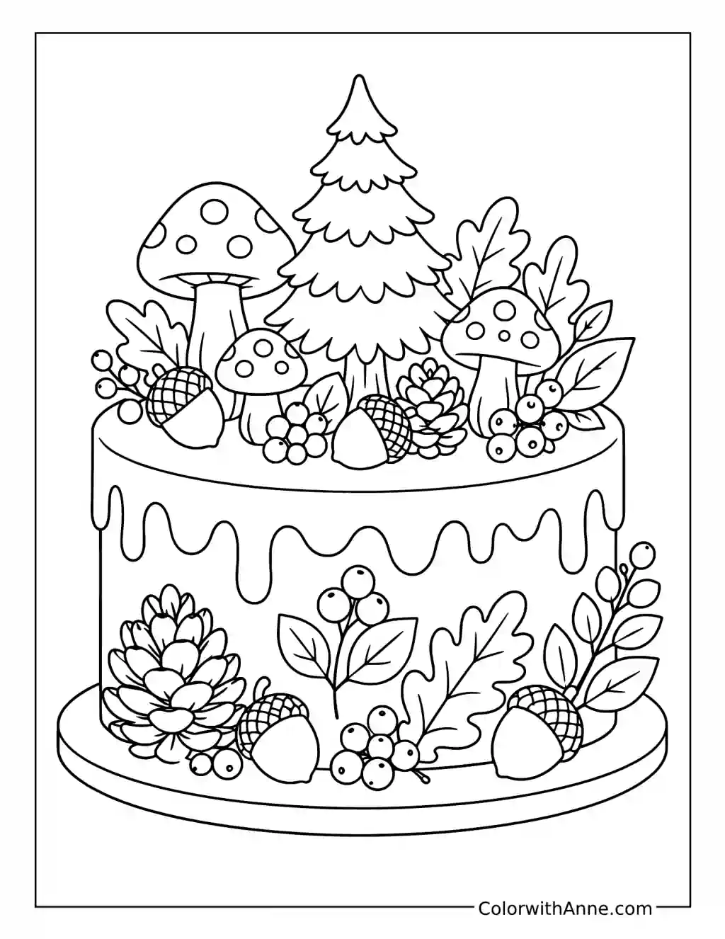 Woodland Mushroom Birthday Cake coloring page