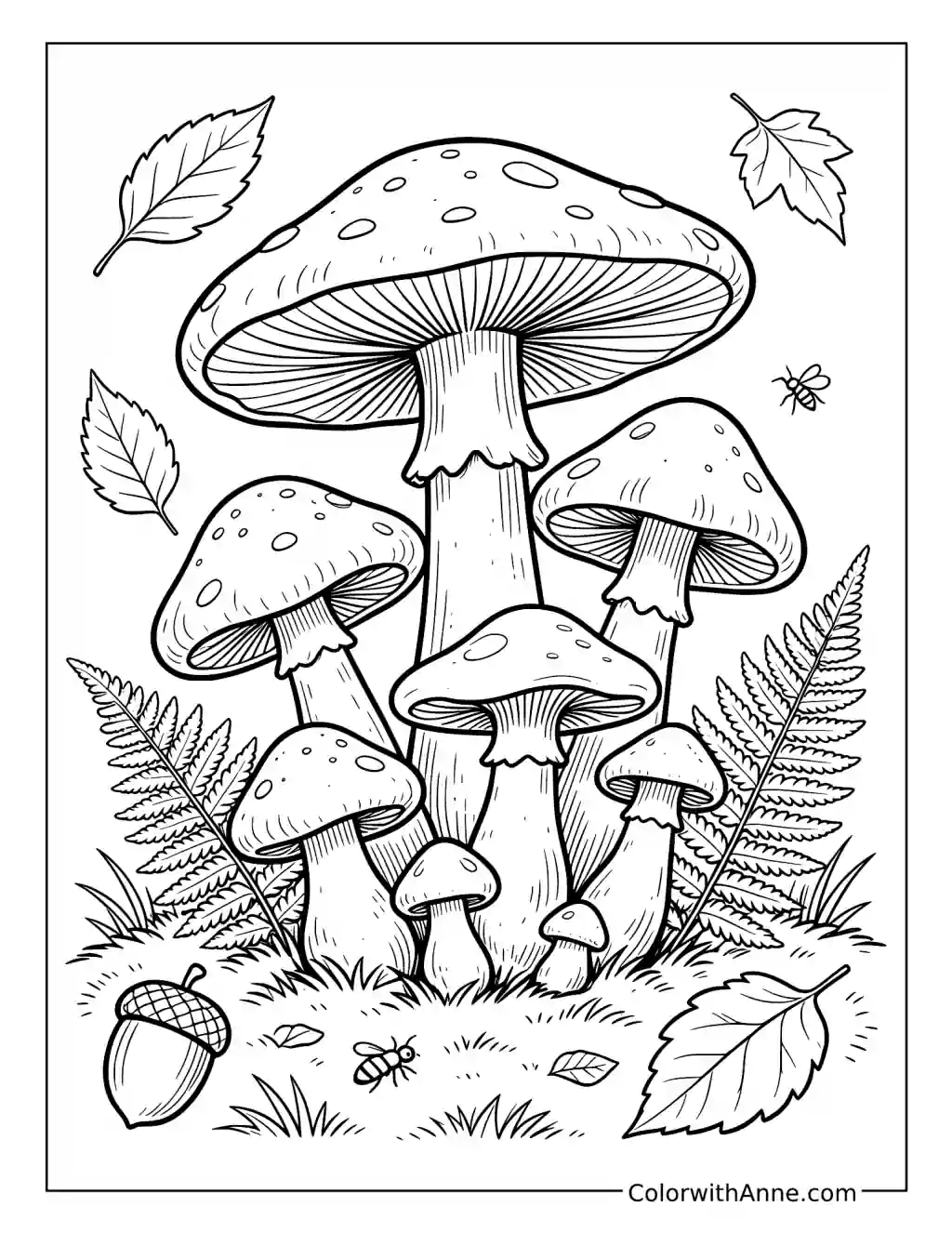 Woodland Mushrooms and Ferns coloring page