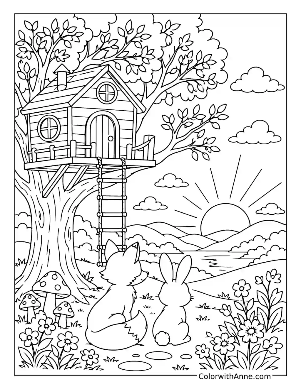 Woodland Treehouse Sunset coloring page