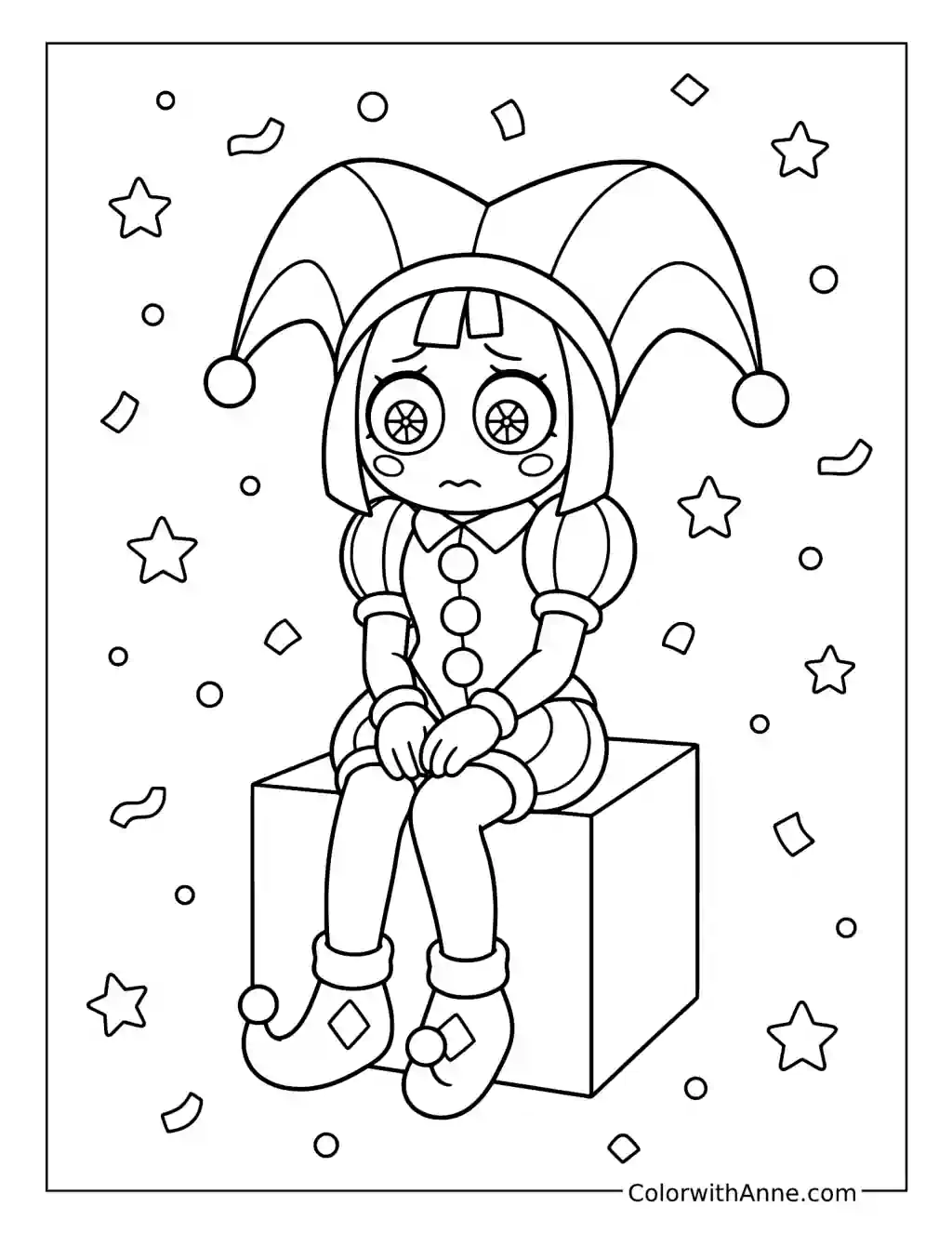 Worried Pomni Sitting on a Cube coloring page