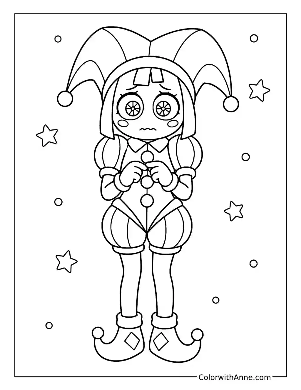 Worried Pomni Standing with Stars coloring page