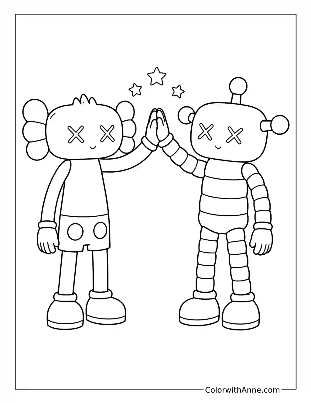 X-Eyed Art Toy High-Fiving a Robot Friend coloring page