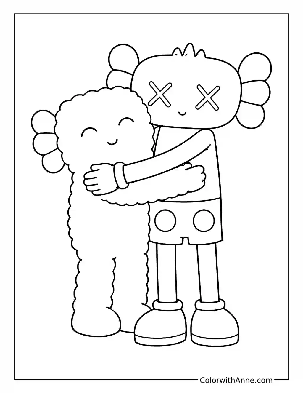 X-Eyed Art Toy Hugging a Fuzzy Friend coloring page