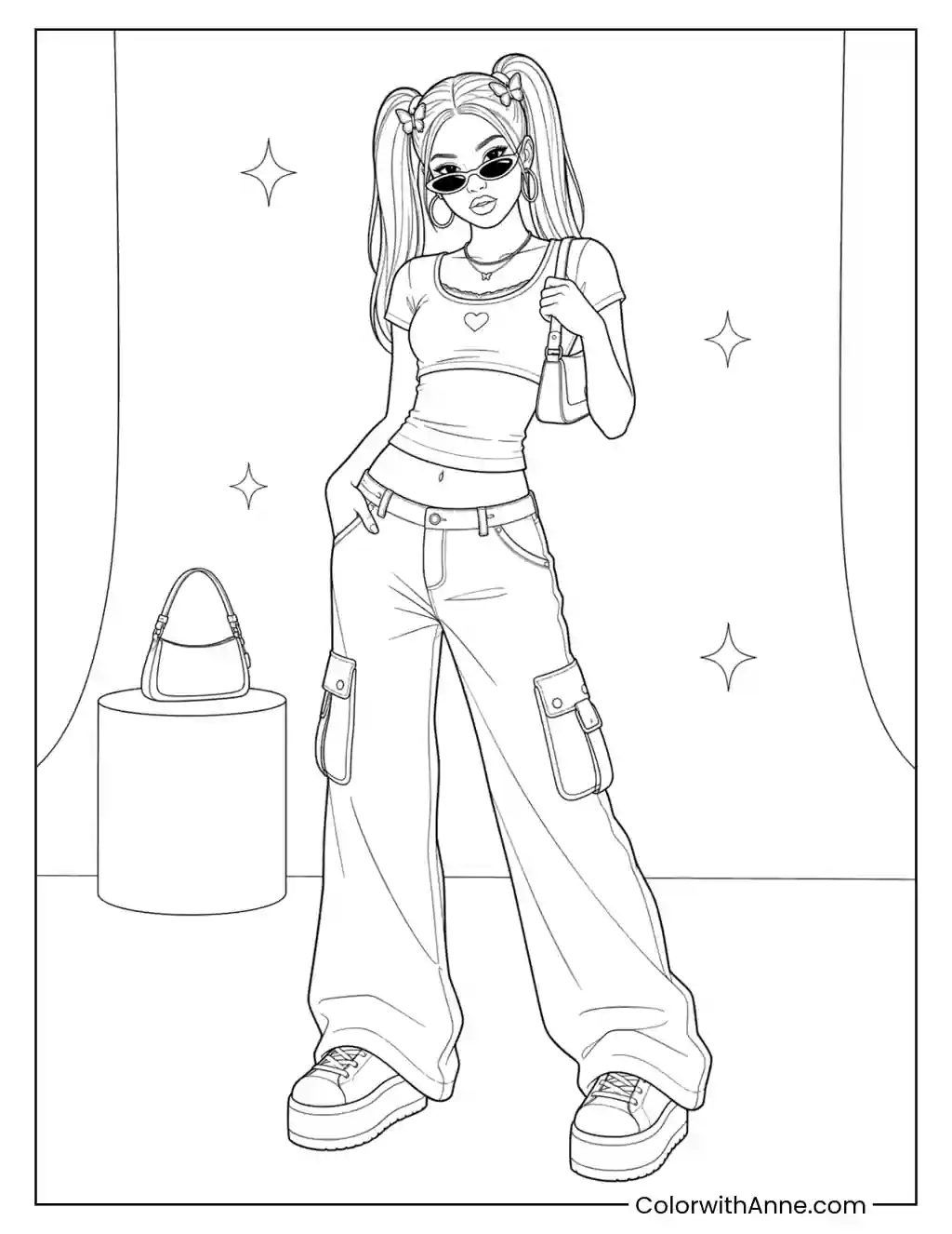 Y2K Baddie Fashion Look coloring page