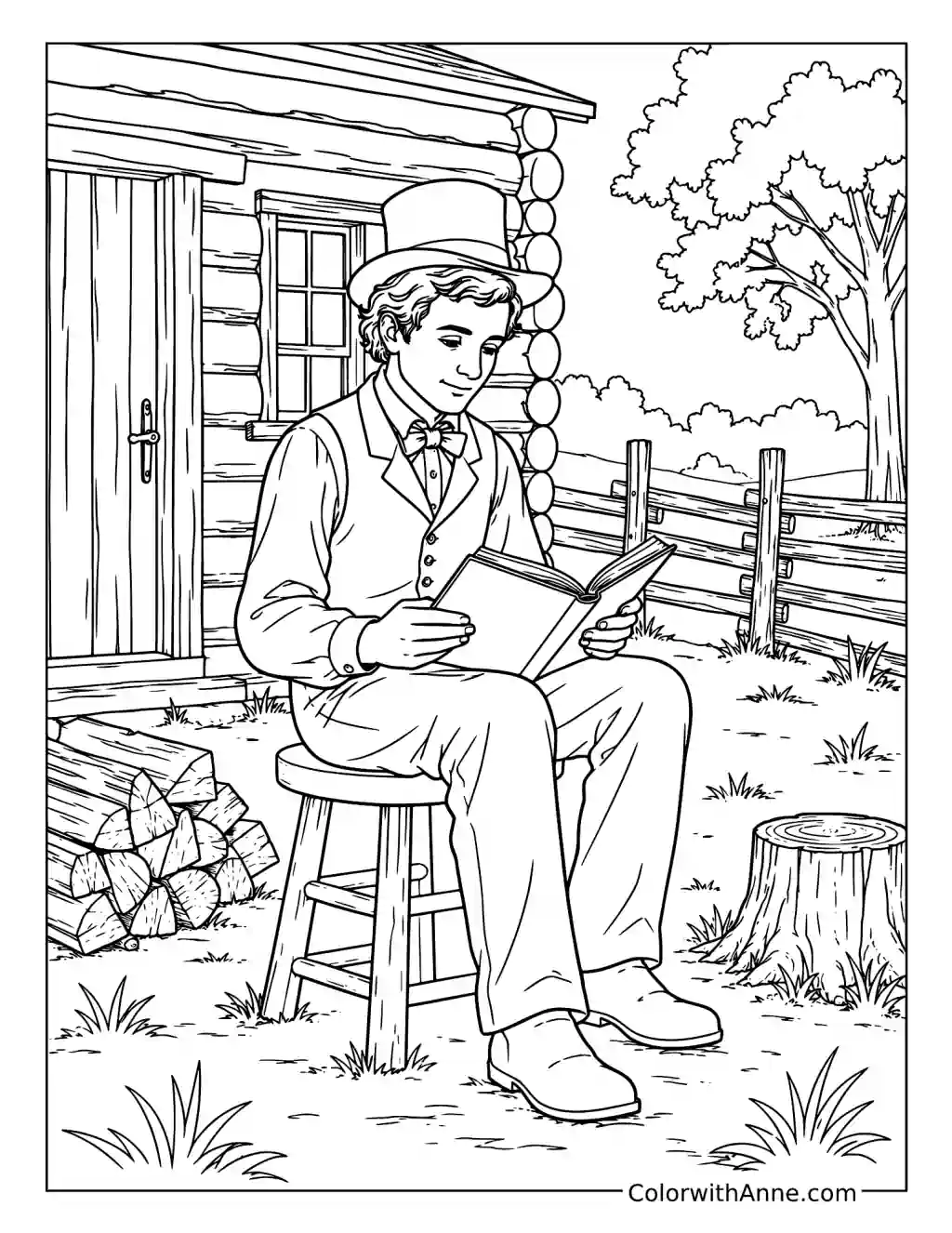 Young Abraham Lincoln Reading by a Log Cabin coloring page