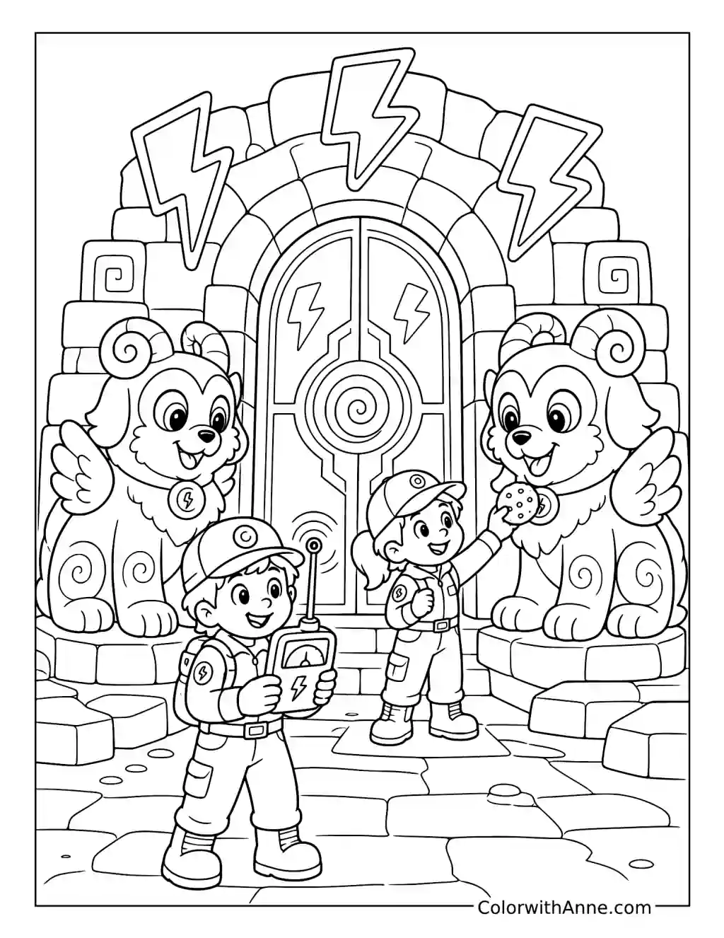 Young Ghost Hunters Visiting a Portal Guarded by Horned Creatures coloring page