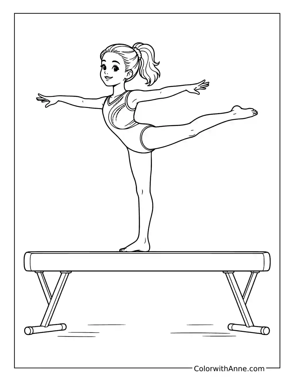 Young Gymnast Performing on Balance Beam coloring page
