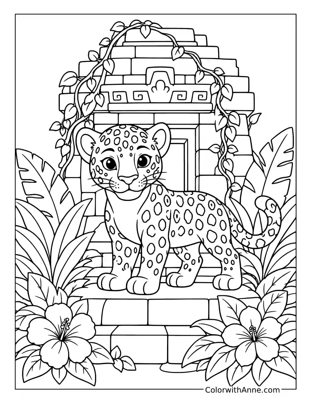 Young Jaguar Guarding an Ancient Jungle Temple coloring page