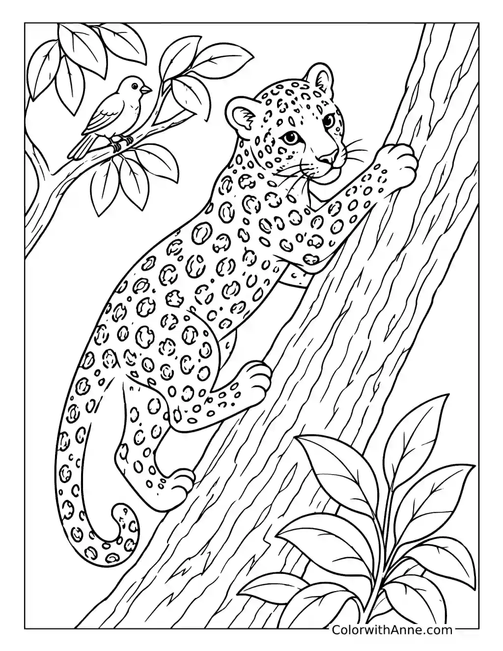 Young Leopard Climbing a Tree coloring page