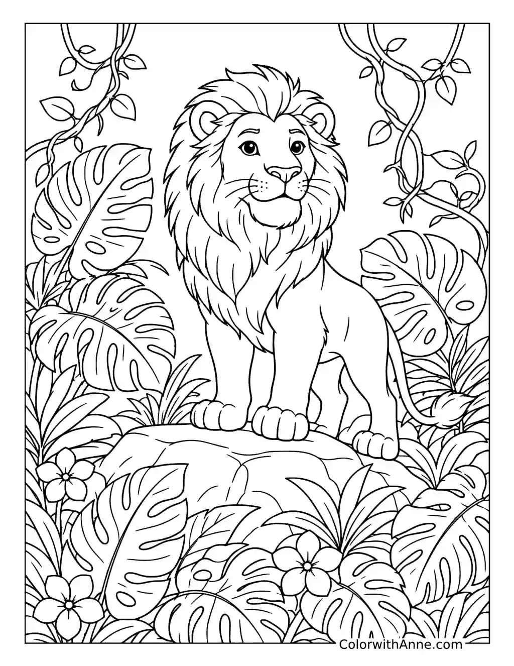 Young Lion Standing on a Jungle Rock coloring page