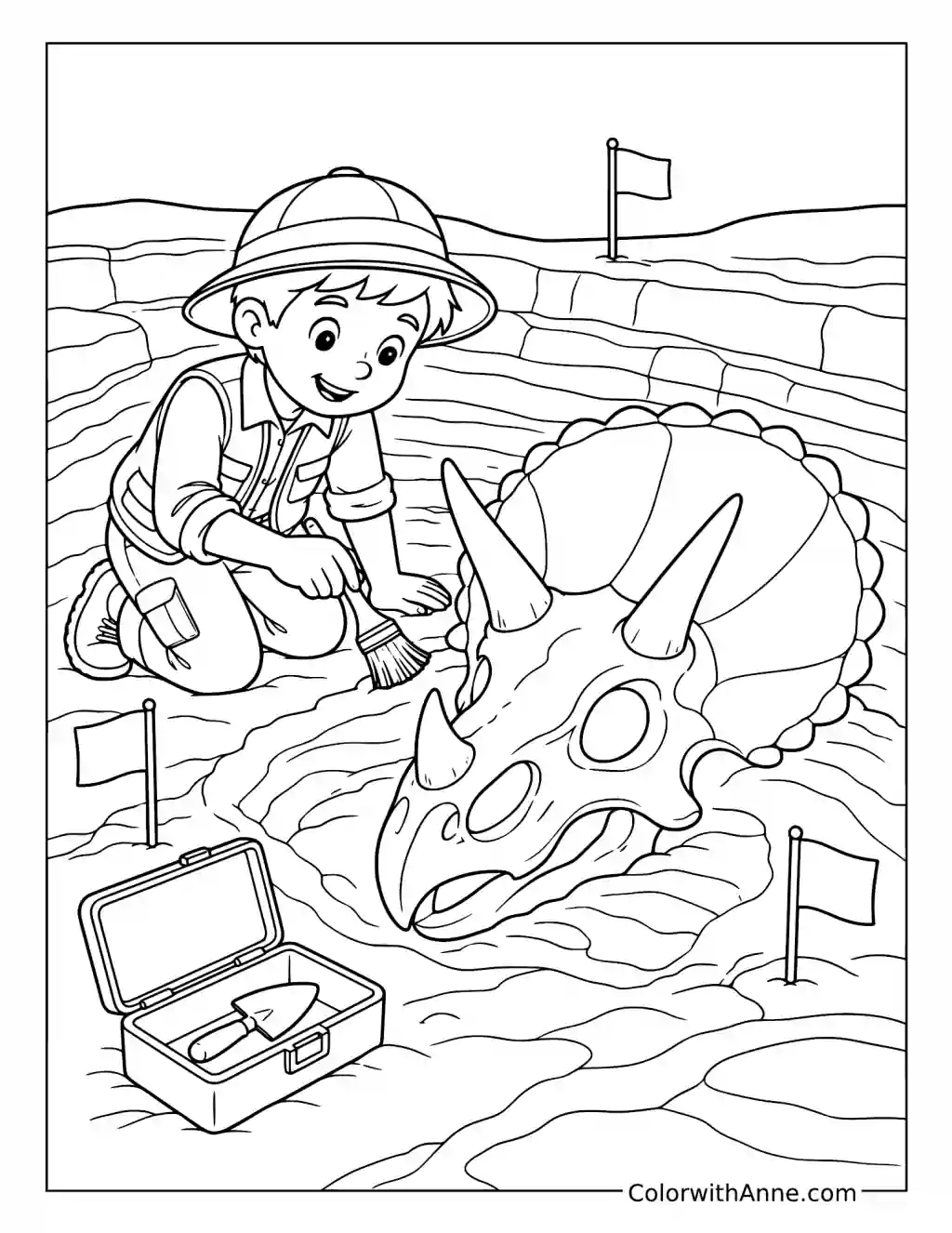 Young Paleontologist Brushes a Triceratops Skull coloring page