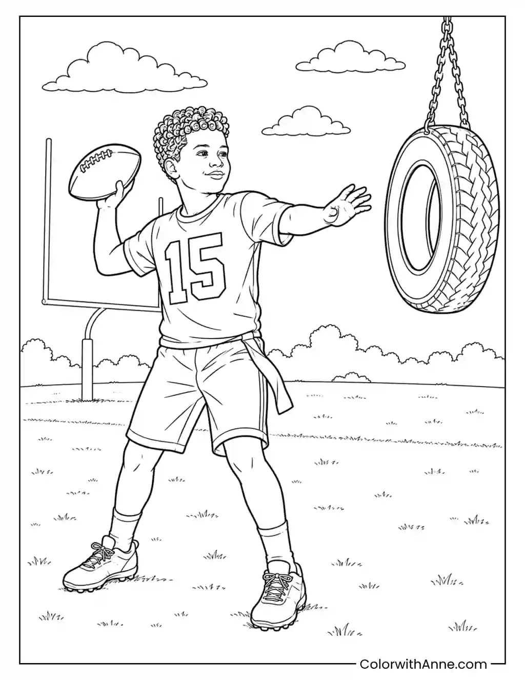 Young Patrick Mahomes Aims at a Tire coloring page