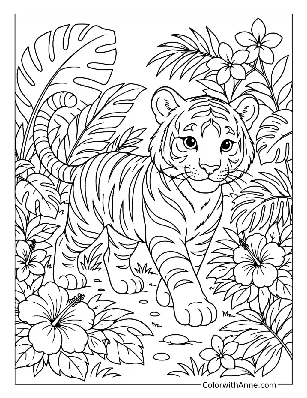 Young Tiger Walking Through Tropical Flowers coloring page