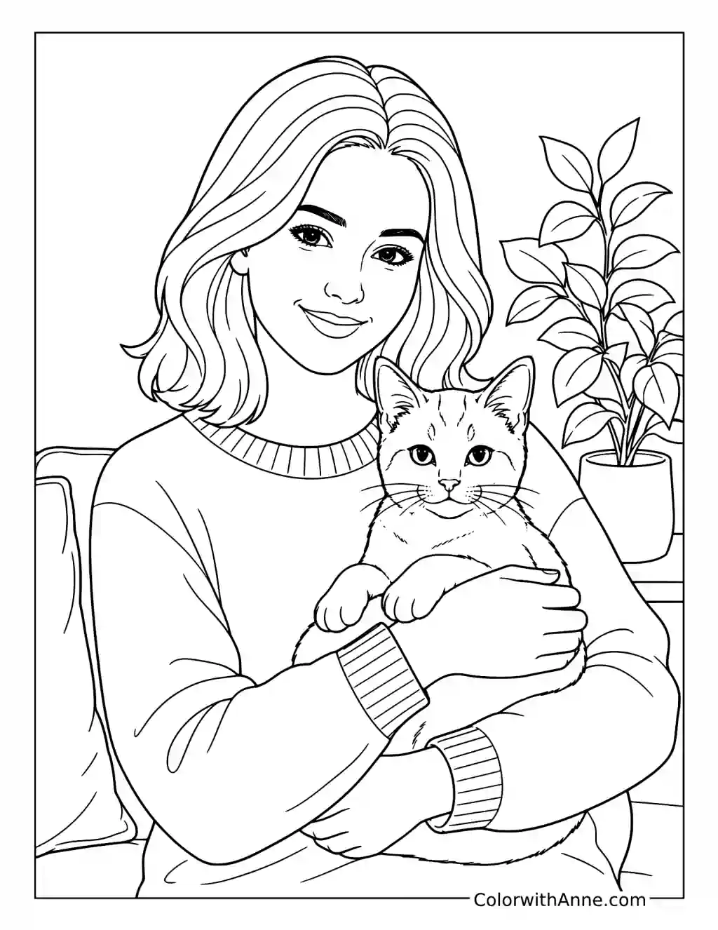 Young Woman Holding a Cat coloring page