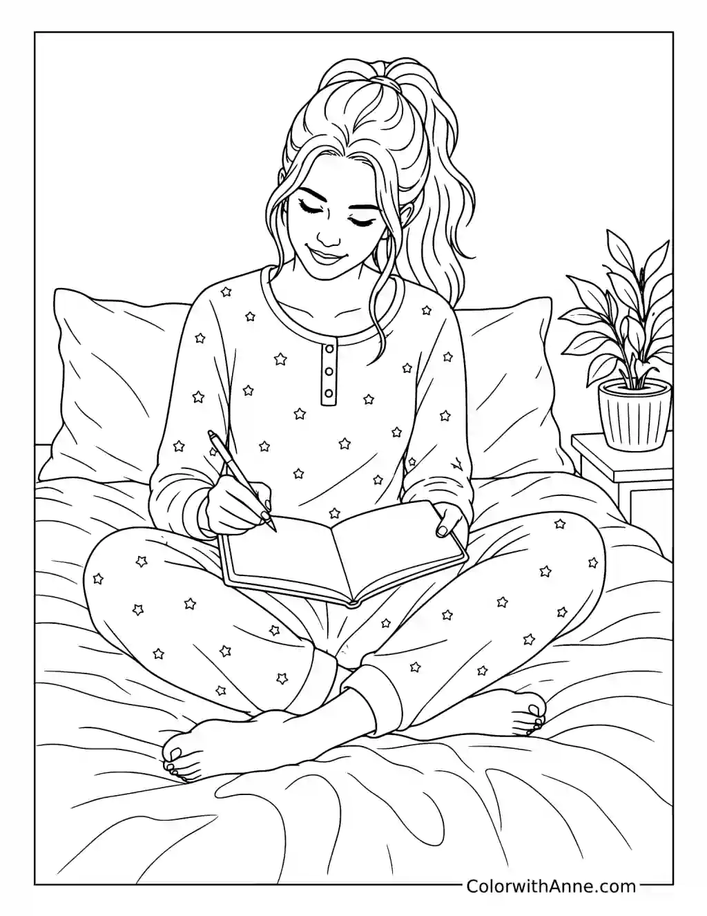 Young Woman Journaling on a Bed coloring page