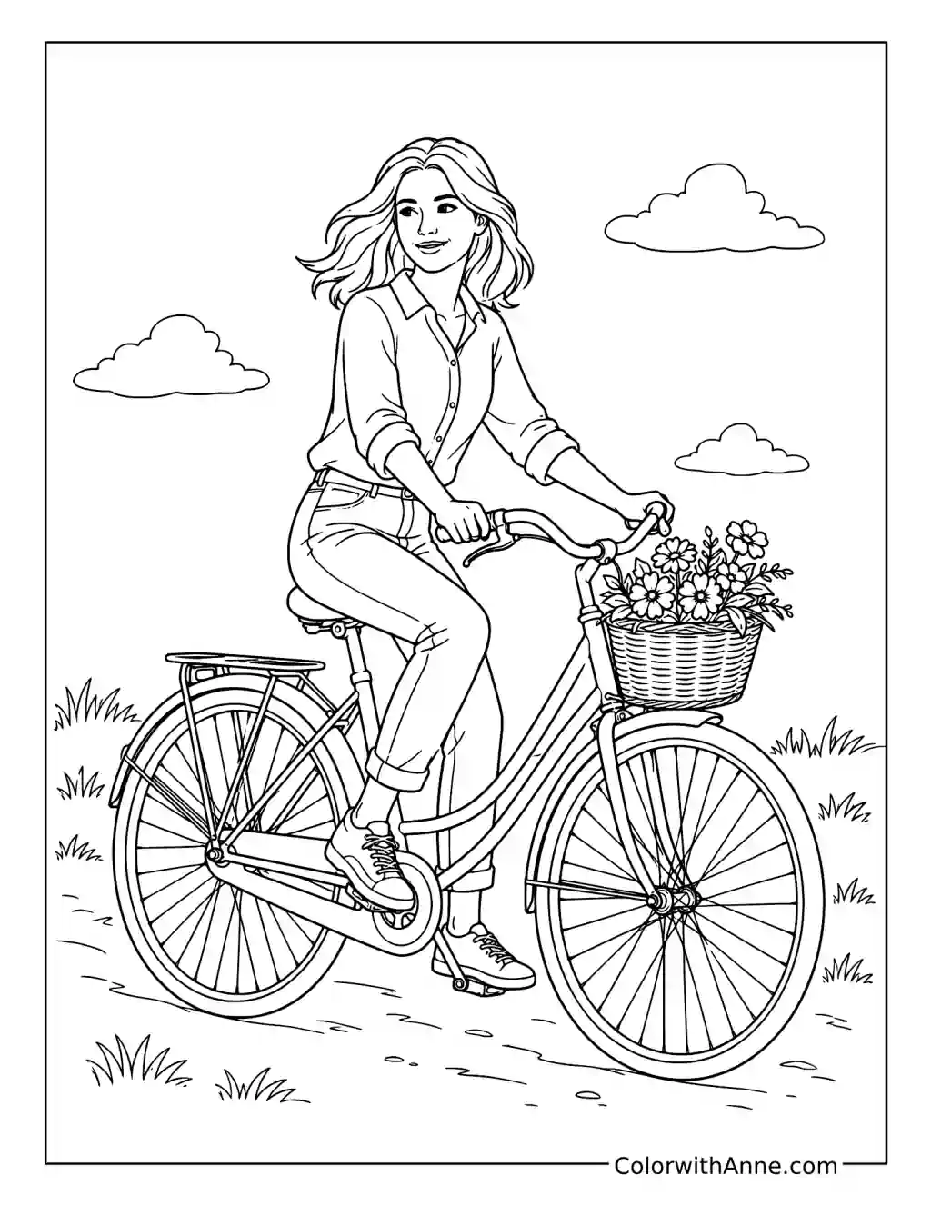 Young Woman on a Flower Basket Bicycle coloring page