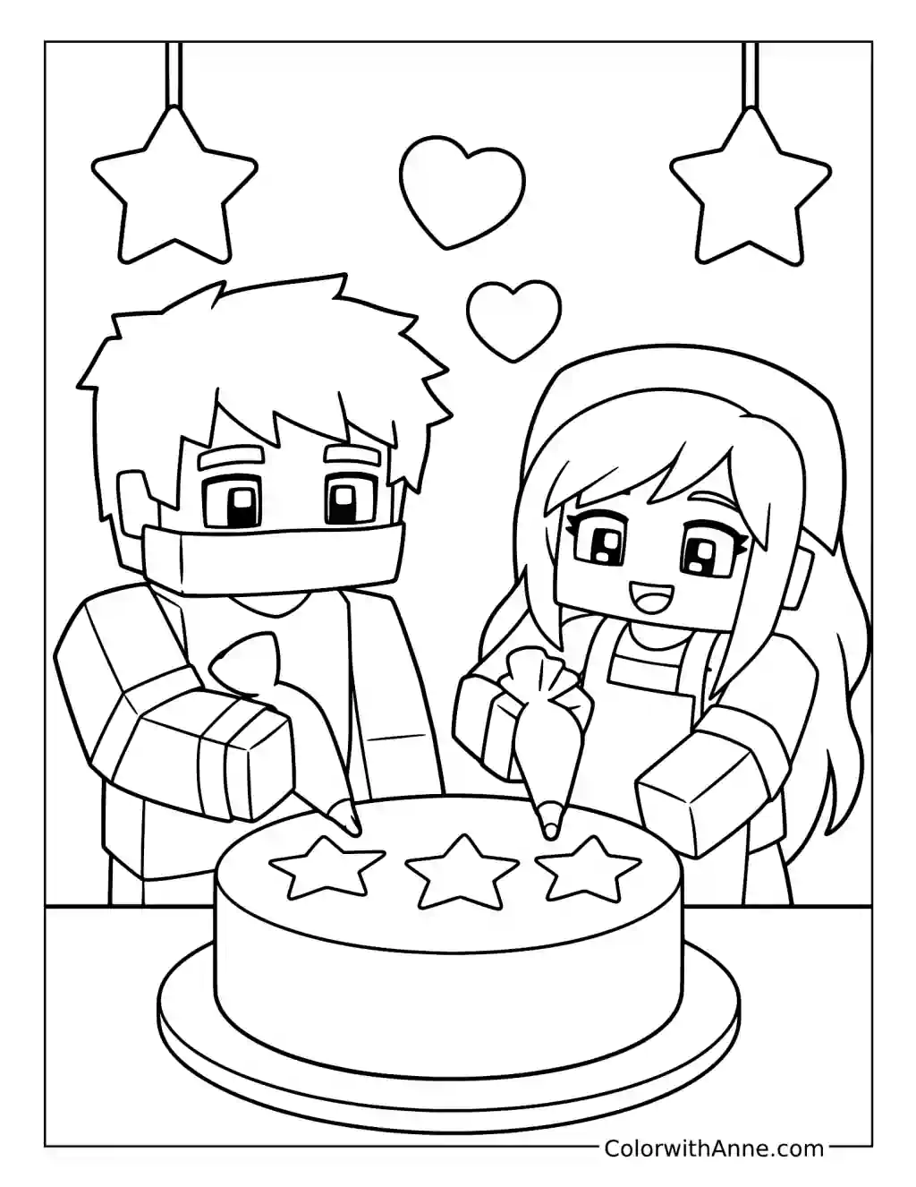 Zane and Kawaii Chan Decorating a Cake coloring page