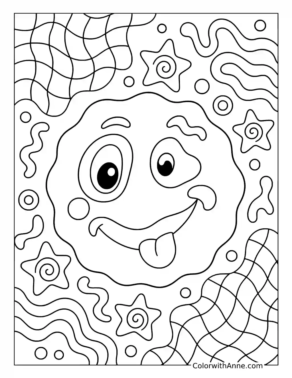 Zany Face Emoji with Wavy Doodles coloring page