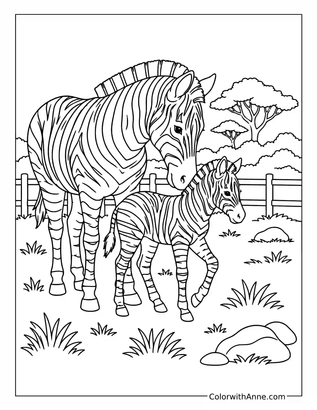 Zebra Family on the Zoo Savanna coloring page