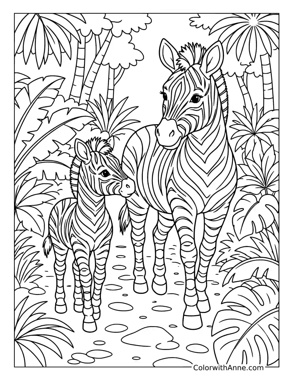 Zebra Mother and Foal Walking on a Jungle Path coloring page