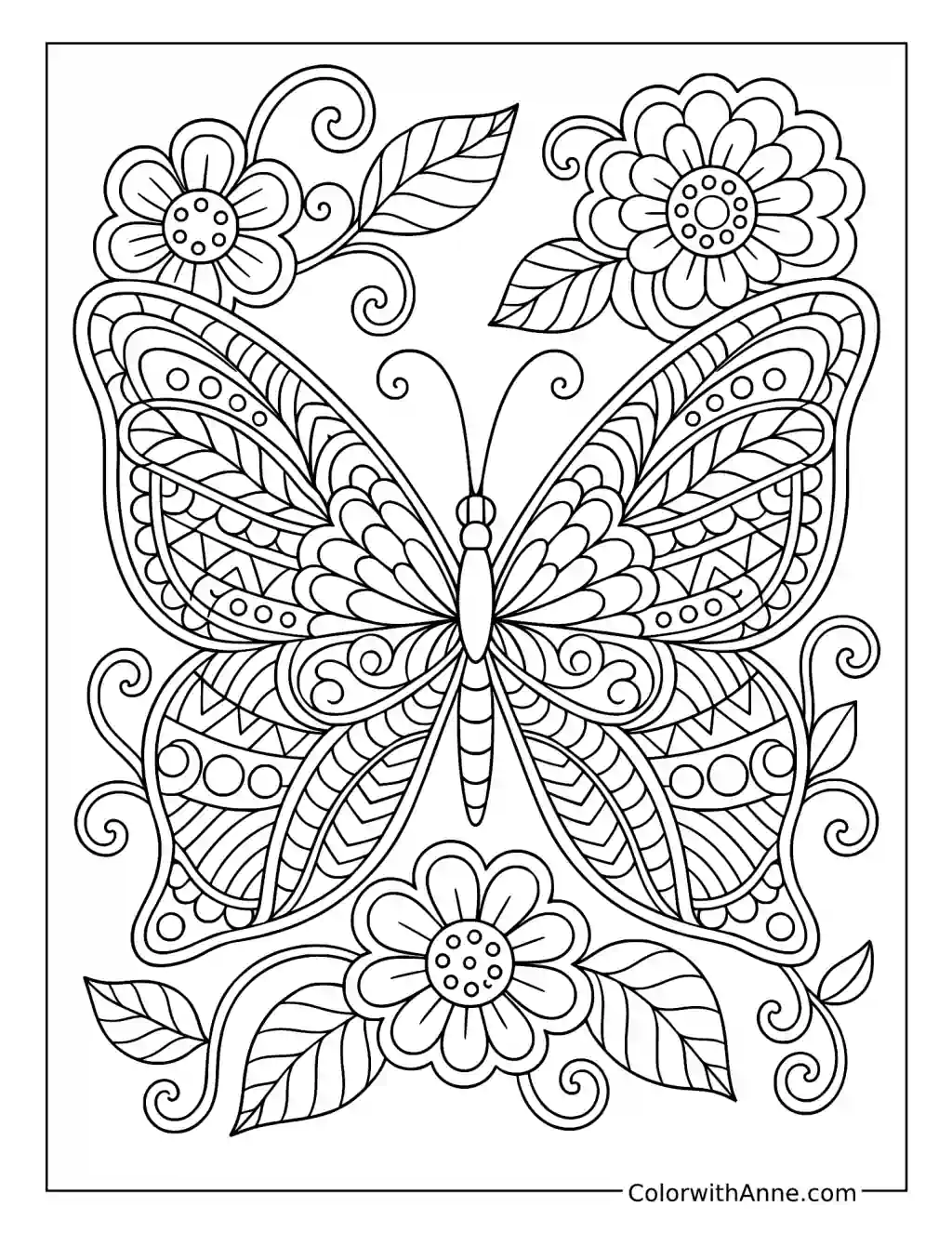Zentangle Butterfly Among Flowers coloring page