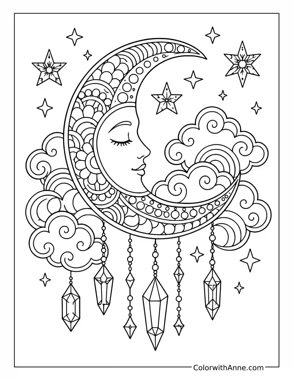 Zentangle Crescent Moon with Clouds and Crystals coloring page