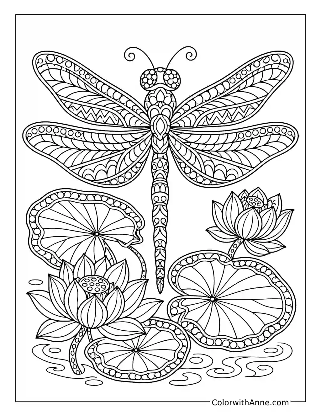 Zentangle Dragonfly Above Lotus Leaves coloring page
