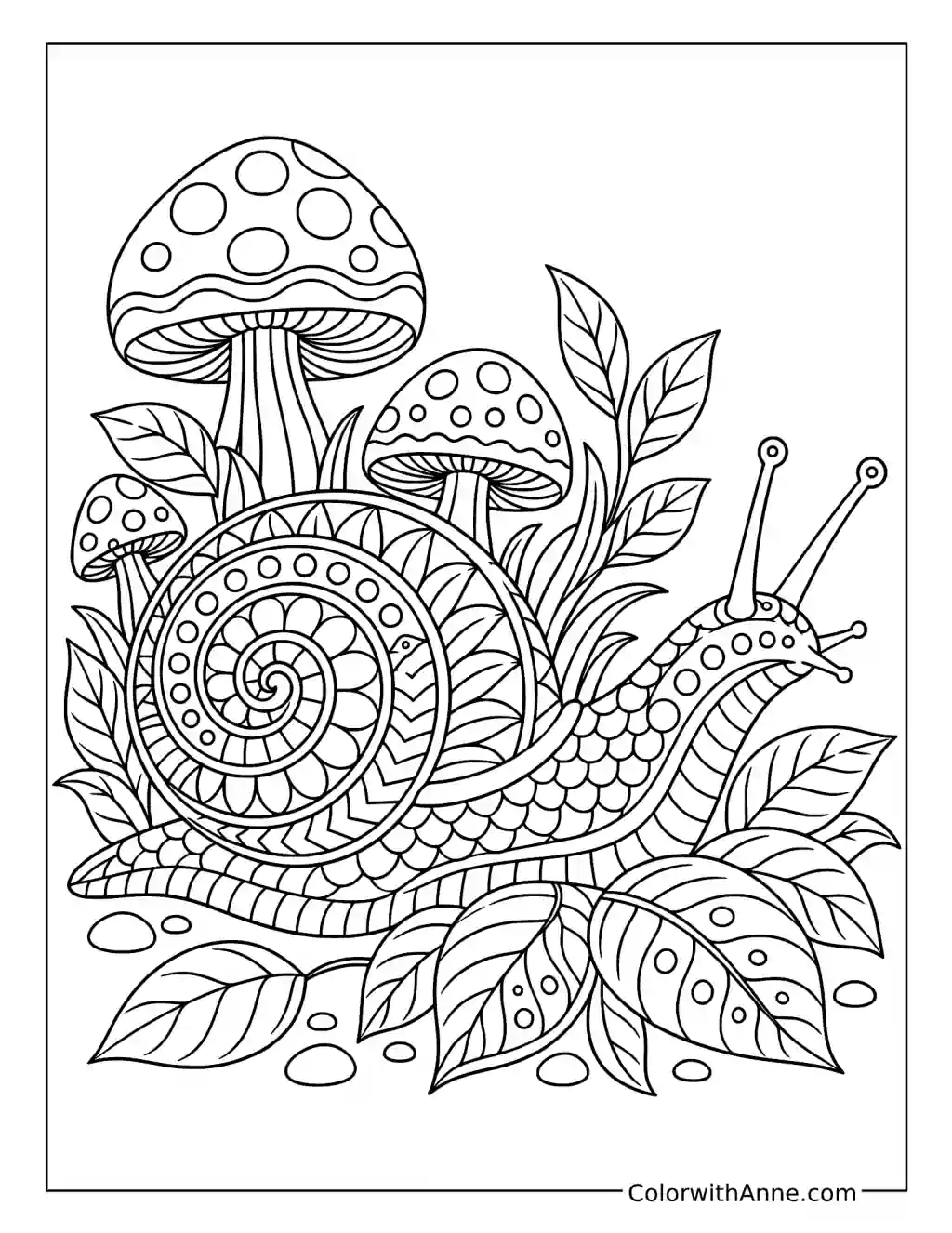 Zentangle Garden Snail Among Mushrooms coloring page