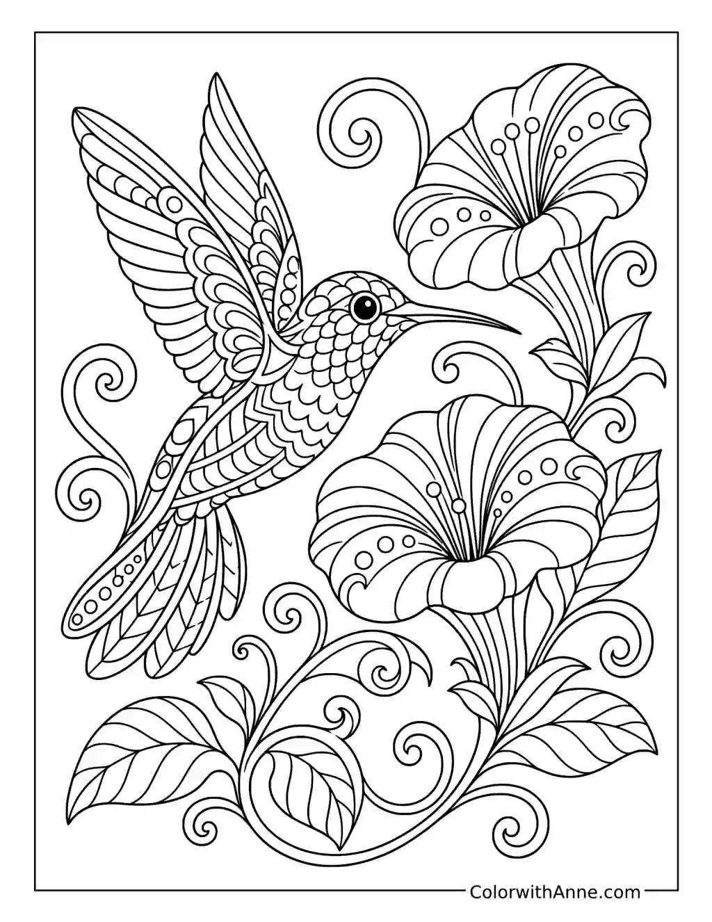 Zentangle Hummingbird Among Morning Glories coloring page