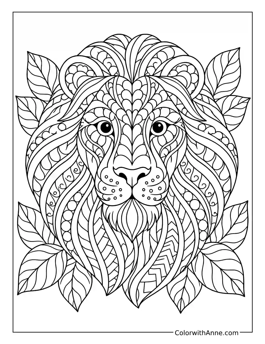 Zentangle Lion Portrait with Leaves coloring page
