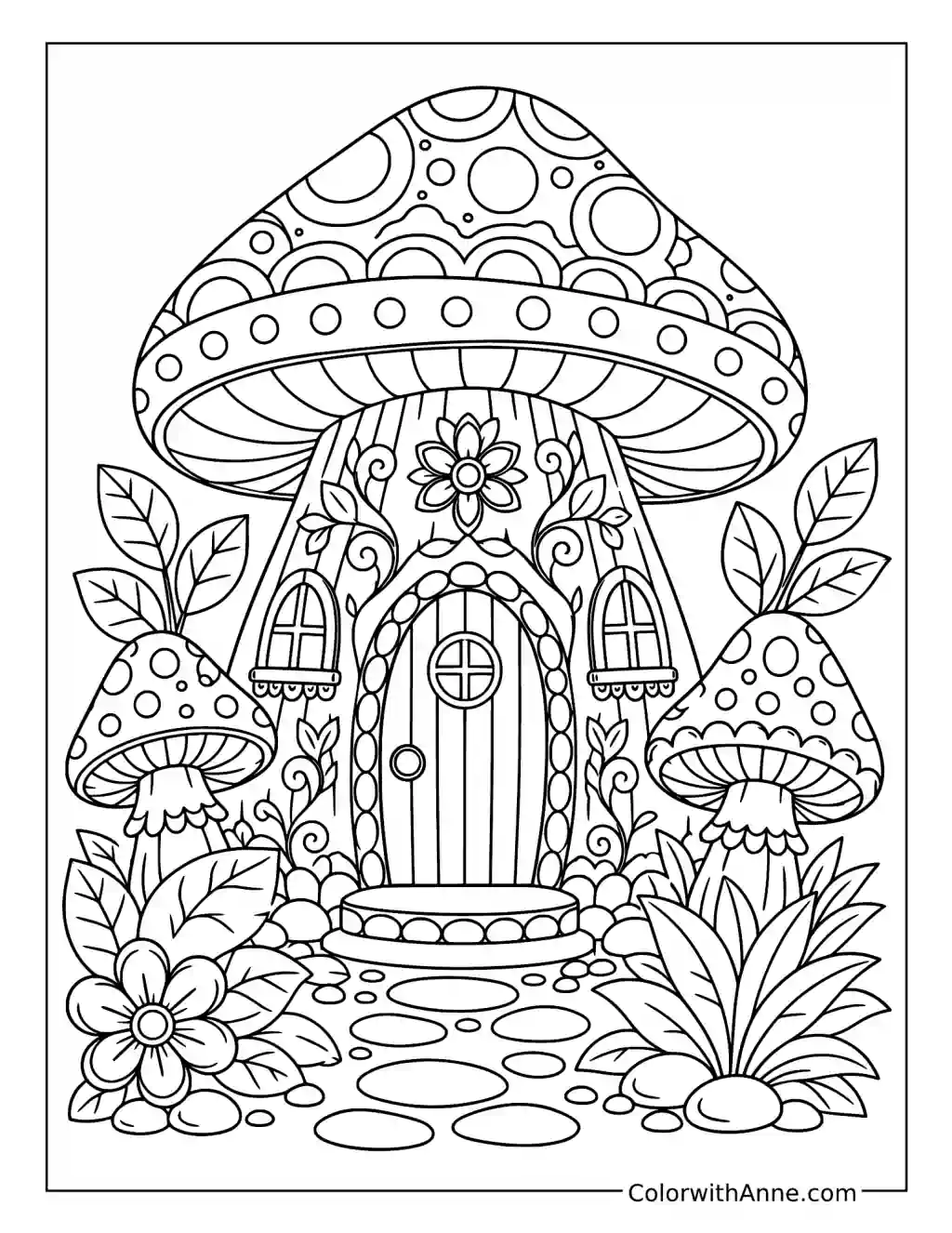 Zentangle Mushroom Cottage in a Forest Garden coloring page