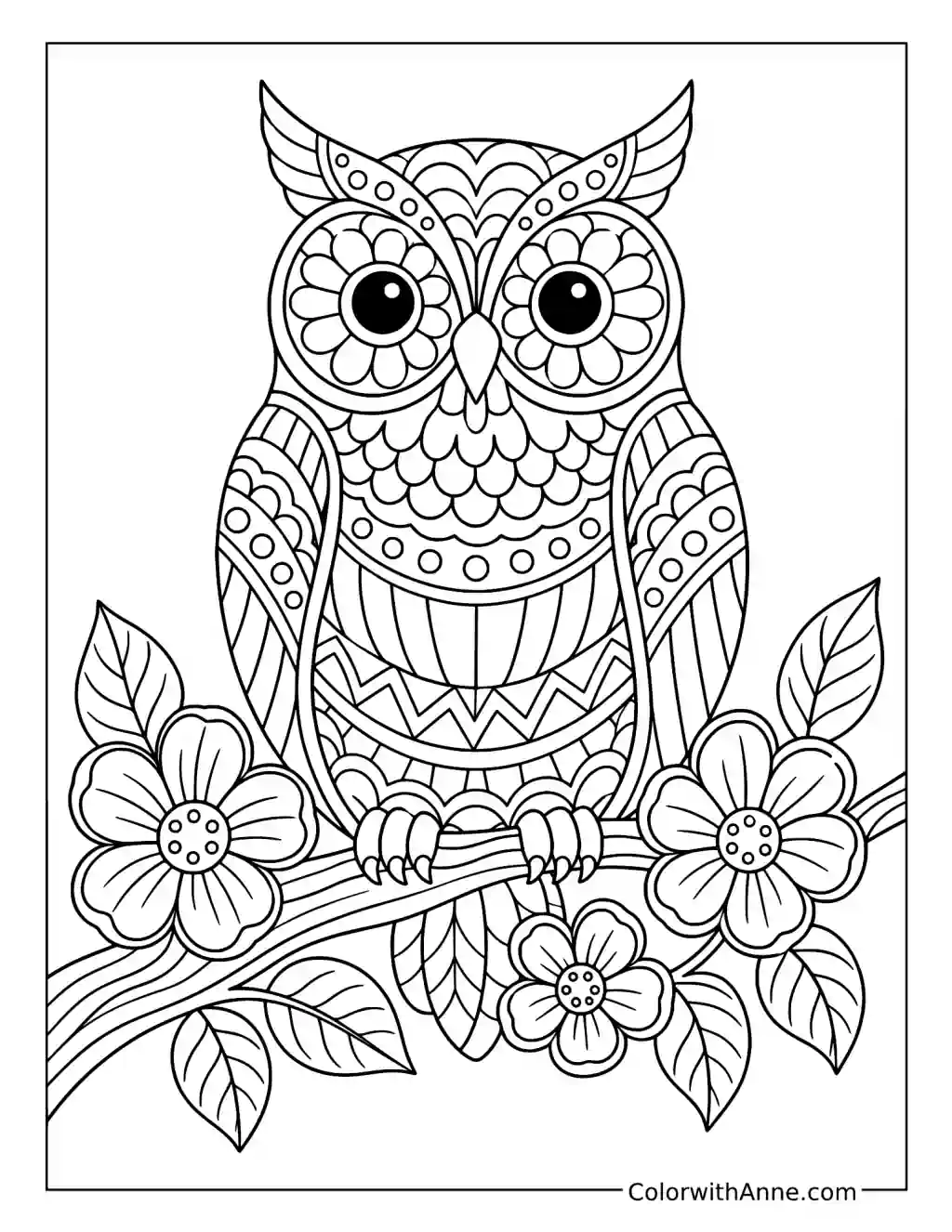 Zentangle Owl on a Flowering Branch coloring page